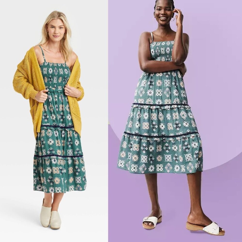 Universal Thread Green Blue Gridded Floral Lace Boho Peasant Dress XXL Target